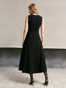 MOTF PREMIUM ELEGANT METAL BUTTON DECOR FRONT SHORT BACK LONG MID-LENGTH DRESS - Black - View 3