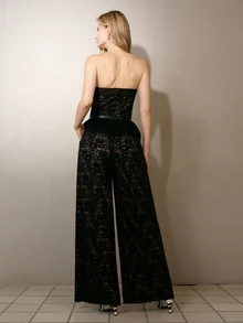MOTF PREMIUM JUMPSUIT WANITA MODEL BANDEAU DENGAN KAKI LEBAR, MOTIF RENDA PATCHWORK UNTUK PAKAIAN KASUAL SEHARI-HARI - Hitam - View 3