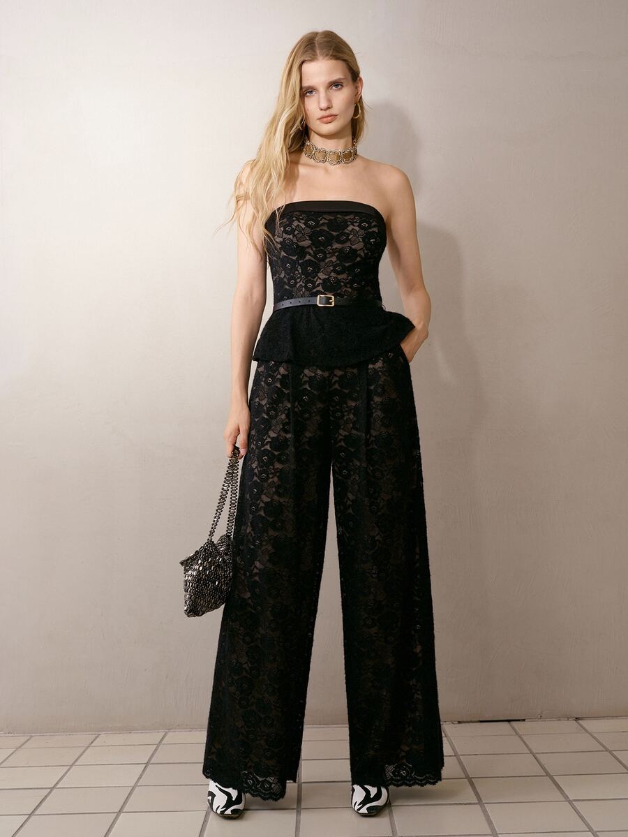MOTF PREMIUM WOMEN'S LACE PATCHWORK CASUAL DAILY WEAR BANDEAU JUMPSUIT WIDE LEG PANTS - Black - View 2