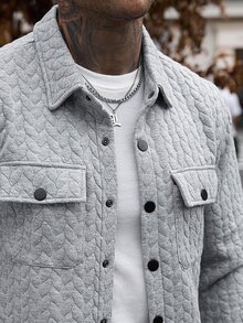 Manfinity CasualCool 男士提花布料夾克搭配抽繩腰運動長褲，兩件套，秋季服飾 - 灰色 - 查看 6