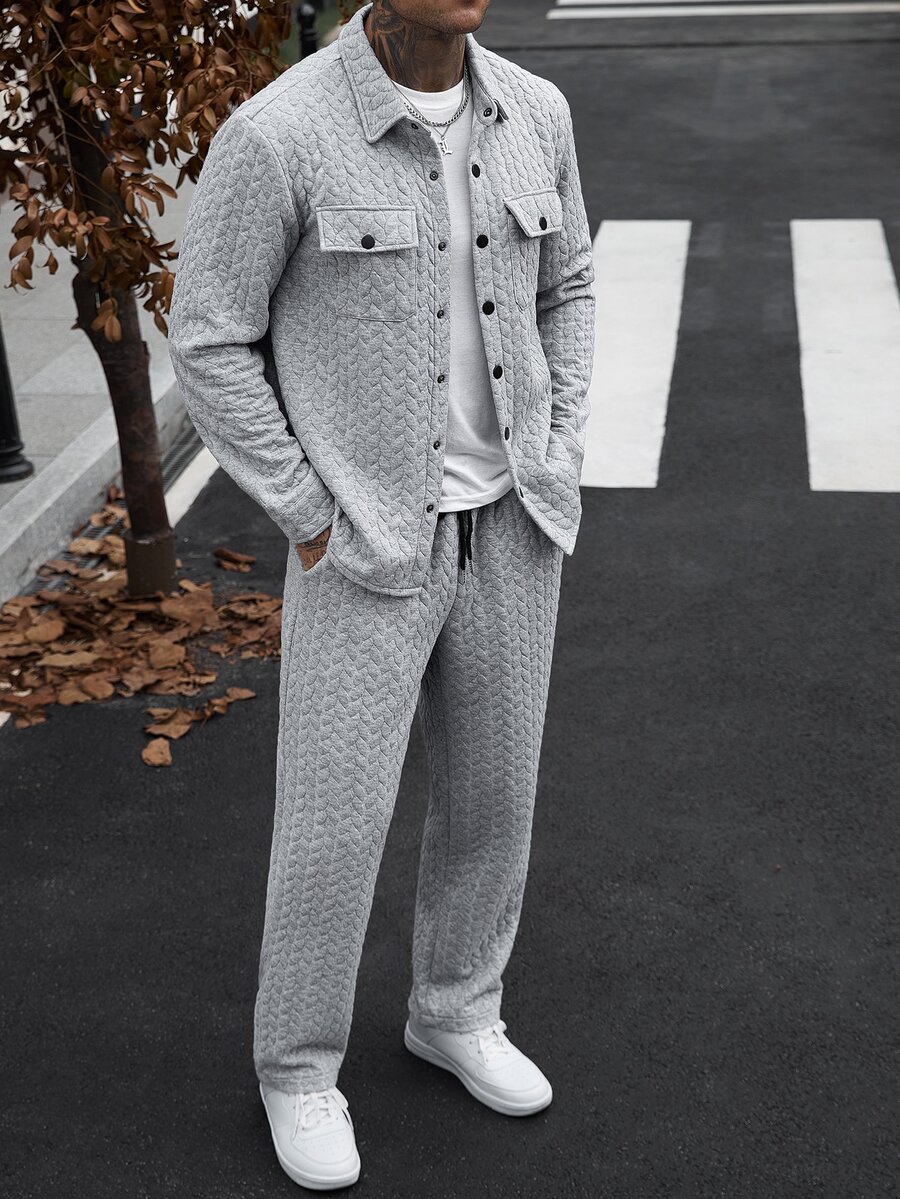Manfinity CasualCool 男士提花布料夾克搭配抽繩腰運動長褲,兩件套,秋季服飾 - 灰色 - 查看 1