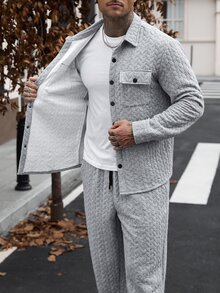 Manfinity CasualCool 男士提花布料夾克搭配抽繩腰運動長褲，兩件套，秋季服飾 - 灰色 - 查看 7