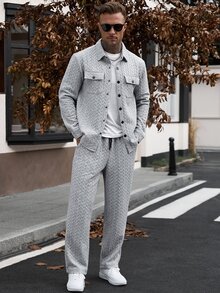 Manfinity CasualCool 男士提花布料夾克搭配抽繩腰運動長褲，兩件套，秋季服飾 - 灰色 - 查看 4