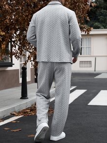 Manfinity CasualCool 男士提花布料夾克搭配抽繩腰運動長褲，兩件套，秋季服飾 - 灰色 - 查看 2