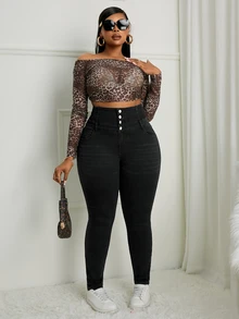 BriallanyX BriallanyX Plus Size Casual Distressed High Waisted Slim Fit Jeans - Black - View 5