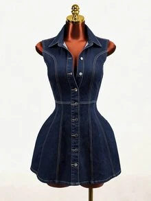 Mistrie Gaun Denim Biru Tua Berlipit Kancing Depan untuk Wanita, Cocok untuk Semua Musim, Cocok untuk Aktivitas Luar Ruangan dan Komuter. - Dark Wash - View 9
