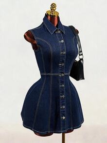 Mistrie Gaun Denim Biru Tua Berlipit Kancing Depan untuk Wanita, Cocok untuk Semua Musim, Cocok untuk Aktivitas Luar Ruangan dan Komuter. - Dark Wash - View 3