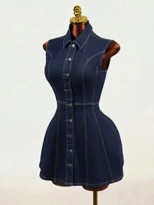 Mistrie Gaun Denim Biru Tua Berlipit Kancing Depan untuk Wanita, Cocok untuk Semua Musim, Cocok untuk Aktivitas Luar Ruangan dan Komuter. - Dark Wash - View 4