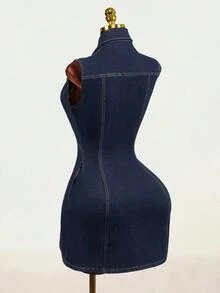Mistrie Gaun Denim Biru Tua Berlipit Kancing Depan untuk Wanita, Cocok untuk Semua Musim, Cocok untuk Aktivitas Luar Ruangan dan Komuter. - Dark Wash - View 2