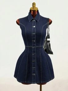 Mistrie Gaun Denim Biru Tua Berlipit Kancing Depan untuk Wanita, Cocok untuk Semua Musim, Cocok untuk Aktivitas Luar Ruangan dan Komuter. - Dark Wash - View 8
