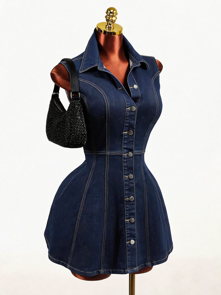 Mistrie Gaun Denim Biru Tua Berlipit Kancing Depan untuk Wanita, Cocok untuk Semua Musim, Cocok untuk Aktivitas Luar Ruangan dan Komuter. - Dark Wash - View 1