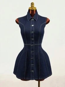 Mistrie Gaun Denim Biru Tua Berlipit Kancing Depan untuk Wanita, Cocok untuk Semua Musim, Cocok untuk Aktivitas Luar Ruangan dan Komuter. - Dark Wash - View 7