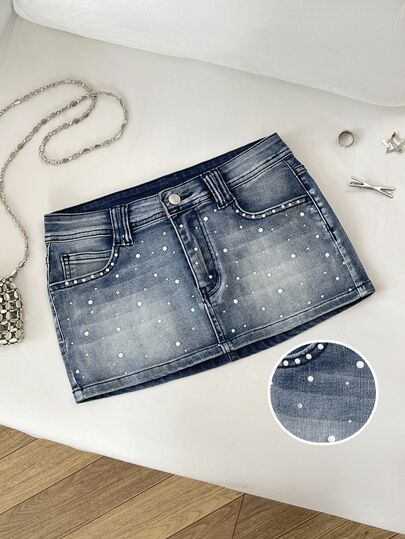 Mori Grove Mori Grove Women's Outdoor Vacation Commute Fashion Rhinestone Low Waist High Elastic Sexy Y2k Denim Skirt Night Blue Summer