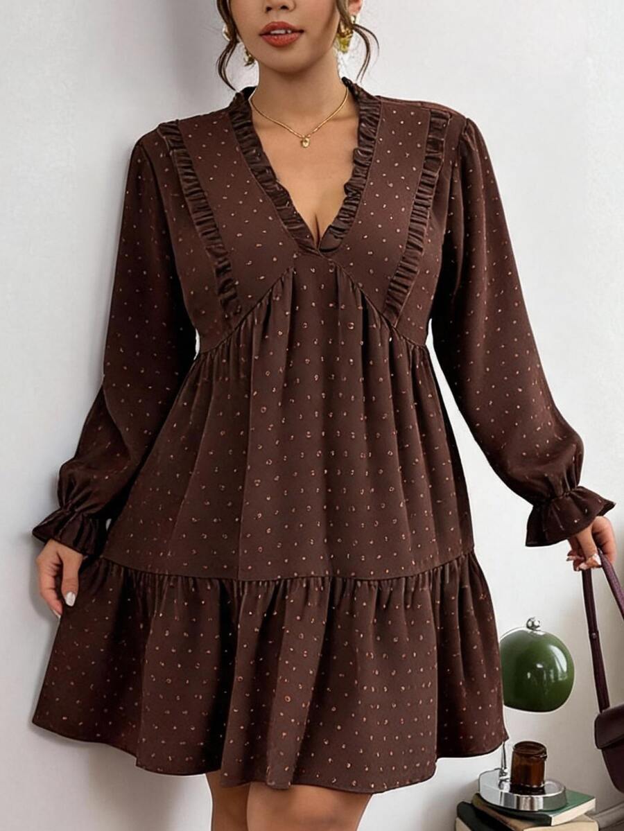 SHEIN Frenchy Plus Size Women V-Neck Pleated Casual Party Dress Fall