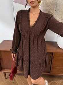 SHEIN Frenchy Plus Size Women V-Neck Pleated Casual Party Dress Fall - Brown - View 6