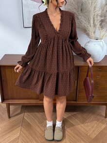 SHEIN Frenchy Plus Size Women V-Neck Pleated Casual Party Dress Fall - Brown - View 9