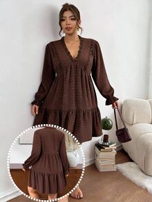SHEIN Frenchy Plus Size Women V-Neck Pleated Casual Party Dress Fall - Brown - View 7