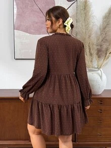 SHEIN Frenchy Plus Size Women V-Neck Pleated Casual Party Dress Fall - Brown - View 4