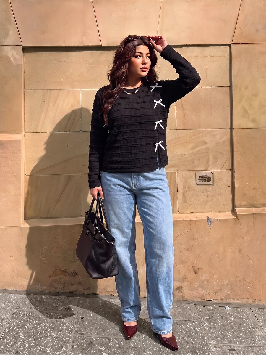 Elaquor Camiseta de manga larga con textura y decoración de lazo, estilo francés versátil, talla grande - Negro - Ver 1