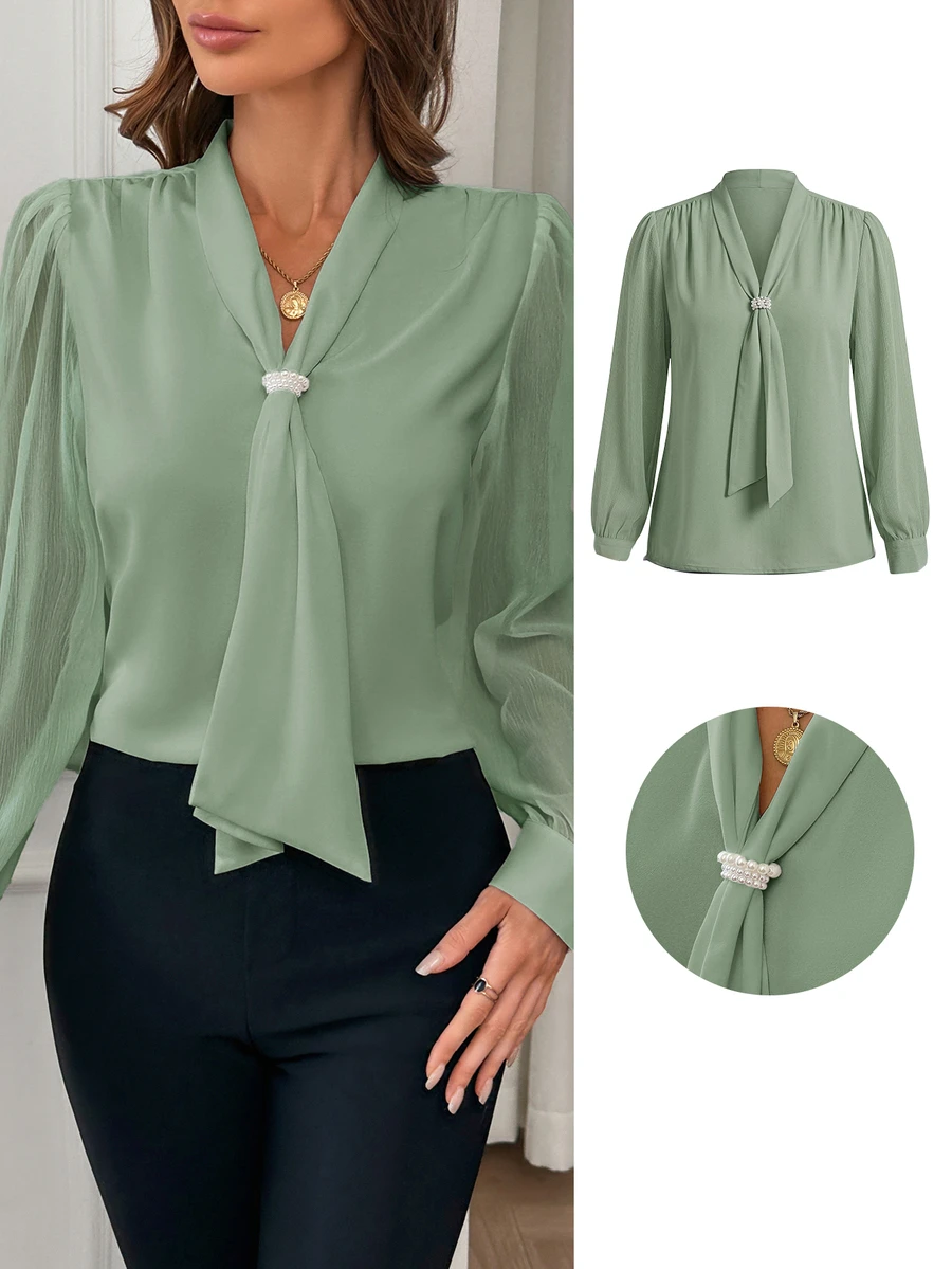 SHEIN Privé Plus Size Women's Solid Color Bowknot Design Long Sleeve Elegant Blouse Fall