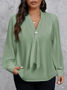 SHEIN Privé Plus Size Women's Solid Color Bowknot Design Long Sleeve Elegant Blouse Fall - Mint Green - View 4