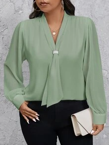 SHEIN Privé Plus Size Women's Solid Color Bowknot Design Long Sleeve Elegant Blouse Fall - Mint Green - View 11