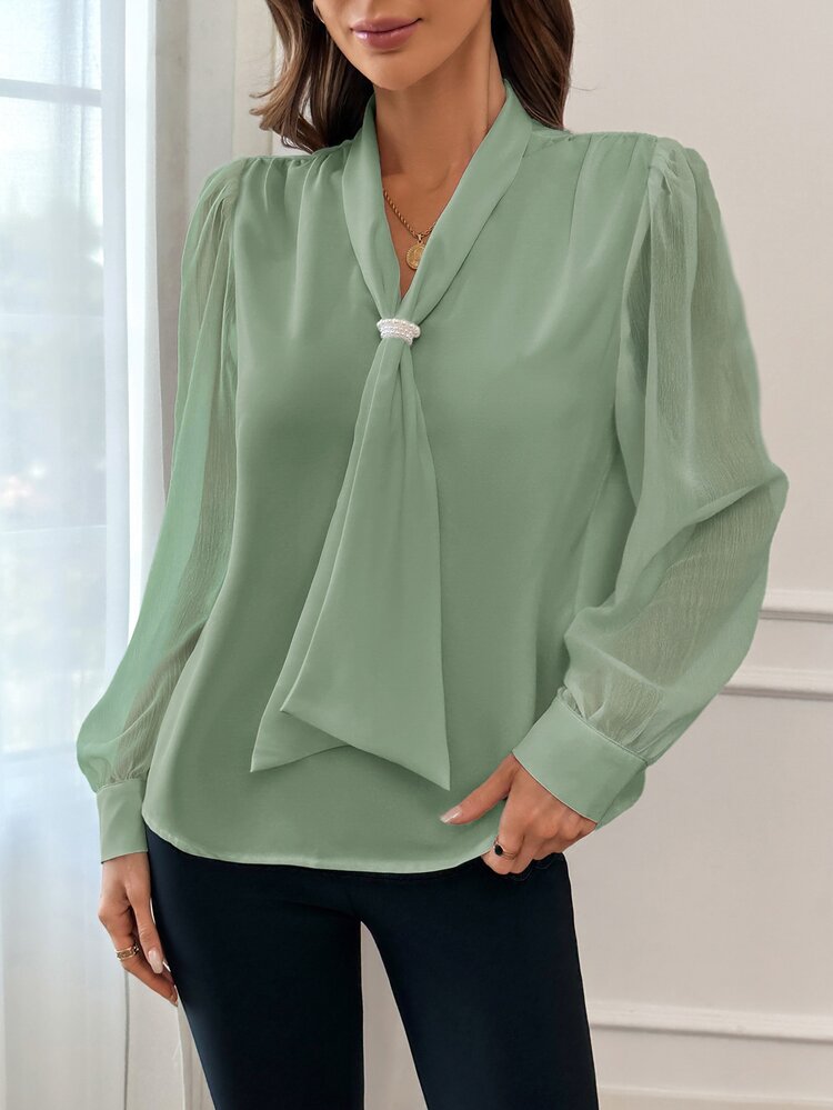 SHEIN Privé Plus Size Women's Solid Color Bowknot Design Long Sleeve Elegant Blouse Fall - Mint Green - View 8