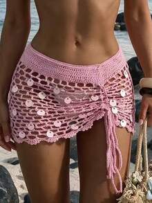 Swim Vcay Women's Summer Vacation Hollow-Out Design Sequin Patchwork Drawstring Cover-Up & Mini Skirt Set - Pink - View 5