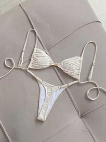 Elavelle Women's Summer Chicsea Jacquard Fabric Spaghetti Strap Beaded Beach Party Bikini Set White Tropical Sexy - White - View 2