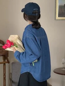 DAZY Light Wash Blue Collared Pocket Loose Long Sleeve Denim Top, Spring/Summer/Autumn - Blue - View 7