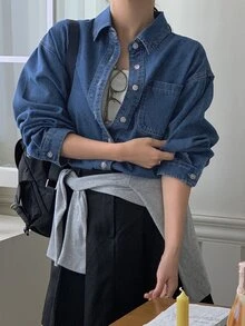 DAZY Light Wash Blue Collared Pocket Loose Long Sleeve Denim Top, Spring/Summer/Autumn - Blue - View 3