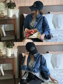 DAZY Light Wash Blue Collared Pocket Loose Long Sleeve Denim Top, Spring/Summer/Autumn - Blue - View 10
