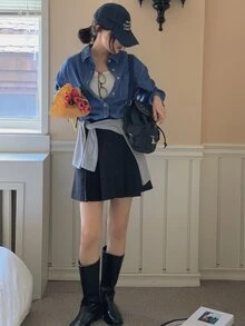 DAZY Light Wash Blue Collared Pocket Loose Long Sleeve Denim Top, Spring/Summer/Autumn - Blue - View 5