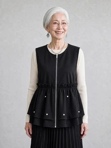 FRIFUL Women's Korean Autumn Solid Color Pearl Decor Layered Vest Jacket For Middle-Aged Women - Black - View 4