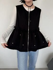FRIFUL Women's Korean Autumn Solid Color Pearl Decor Layered Vest Jacket For Middle-Aged Women - Black - View 10