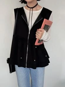 FRIFUL Women's Korean Autumn Solid Color Pearl Decor Layered Vest Jacket For Middle-Aged Women - Black - View 11