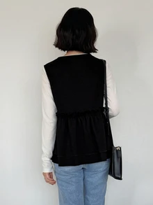 FRIFUL Women's Korean Autumn Solid Color Pearl Decor Layered Vest Jacket For Middle-Aged Women - Black - View 7