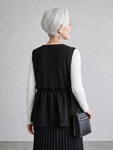 FRIFUL Women's Korean Autumn Solid Color Pearl Decor Layered Vest Jacket For Middle-Aged Women - Black - View 2