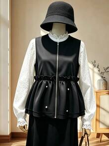 FRIFUL Women's Korean Autumn Solid Color Pearl Decor Layered Vest Jacket For Middle-Aged Women - Black - View 6