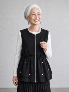 FRIFUL Women's Korean Autumn Solid Color Pearl Decor Layered Vest Jacket For Middle-Aged Women - Black - View 3