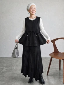 FRIFUL Women's Korean Autumn Solid Color Pearl Decor Layered Vest Jacket For Middle-Aged Women - Black - View 5