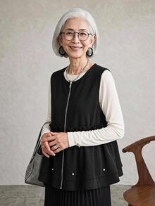 FRIFUL Women's Korean Autumn Solid Color Pearl Decor Layered Vest Jacket For Middle-Aged Women - Black - View 12