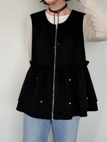 FRIFUL Women's Korean Autumn Solid Color Pearl Decor Layered Vest Jacket For Middle-Aged Women