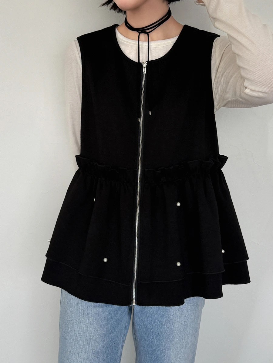 FRIFUL Women's Korean Autumn Solid Color Pearl Decor Layered Vest Jacket For Middle-Aged Women - Black - View 1