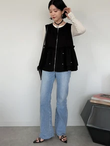 FRIFUL Women's Korean Autumn Solid Color Pearl Decor Layered Vest Jacket For Middle-Aged Women - Black - View 8