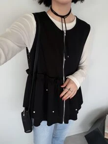 FRIFUL Women's Korean Autumn Solid Color Pearl Decor Layered Vest Jacket For Middle-Aged Women - Black - View 9