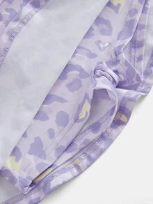 女童紫色豹紋舒適立領拉鍊長袖開襟衫 + 圓領短版背心 + 鬆緊腰迷你裙褲 3件式運動套裝，返校季 - 紫色 - 查看 4