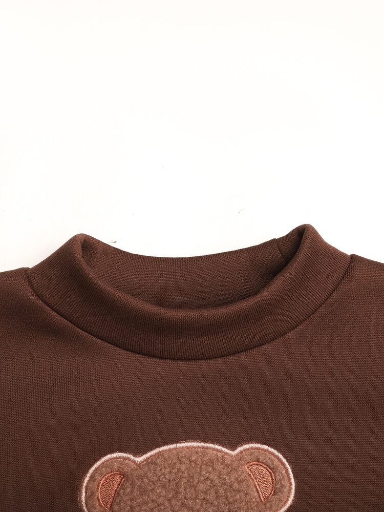 SHEIN Young Girls Young Girl Kids Coffee Brown Cute Bear Autumn Winter Sweatshirt Set 2-Piece Casual Daily Comfortable Versatile - Coffee Brown - View 3
