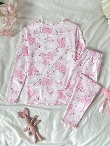SHEIN 兒童青少年女孩可愛卡通兔子蝴蝶結與花卉印花波浪飾邊設計簡約舒適休閒長袖上衣與長褲2件套家居服 - 粉色 - 查看 4