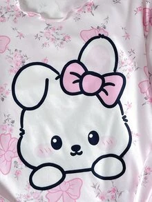 SHEIN 兒童青少年女孩可愛卡通兔子蝴蝶結與花卉印花波浪飾邊設計簡約舒適休閒長袖上衣與長褲2件套家居服 - 粉色 - 查看 2